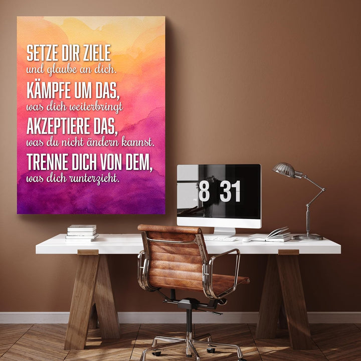 wandmotiv24 Motivations Motiv als Leinwandbild, 80x60cm, Hochformat, setze dir Ziele, Lila, Orange,