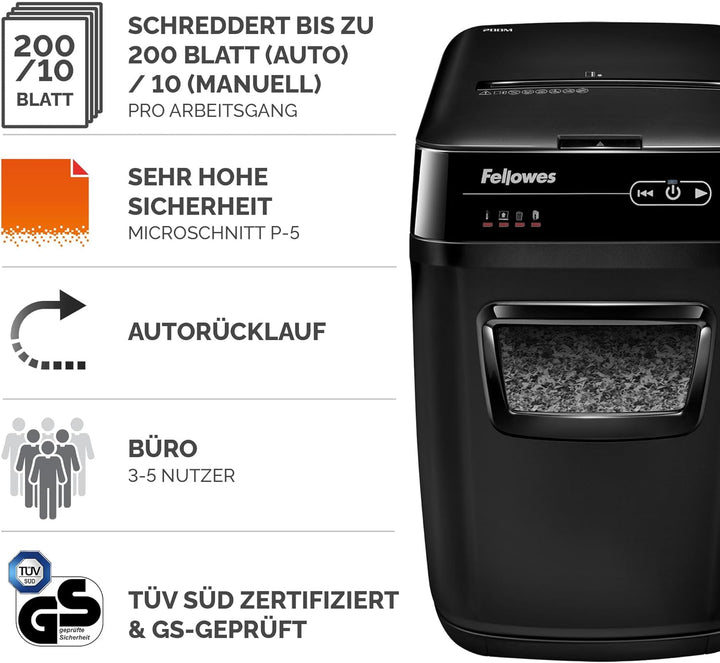Fellowes Automatischer Aktenvernichter AutoMax 200M - bis zu 200 Blatt gleichzeitig (Mikropartikel,