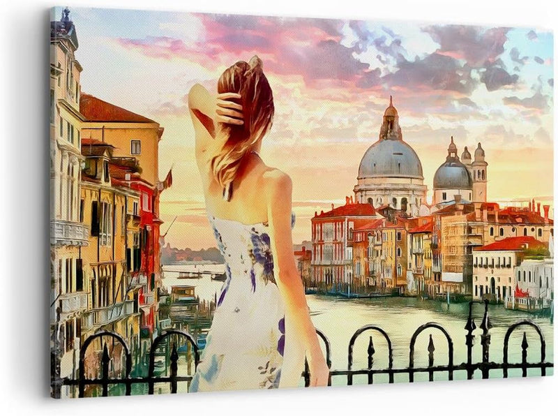 ARTTOR Bilder auf Leinwand 100x70cm Leinwandbild Venedig Brücke Wasser Gross Wanddeko Bild Schlafzim