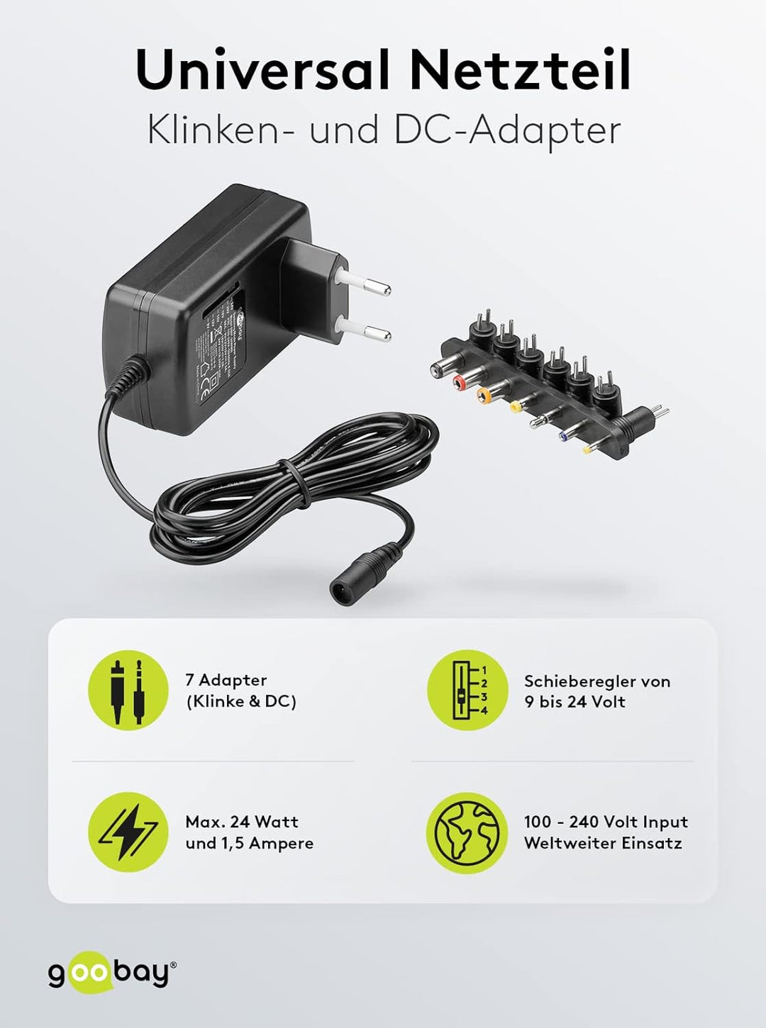 Goobay 54799 Universal Netzteil 9V - 24V max 24 W Netzgerät mit Adapter 1x Klinkenstecker & 6x DC-St