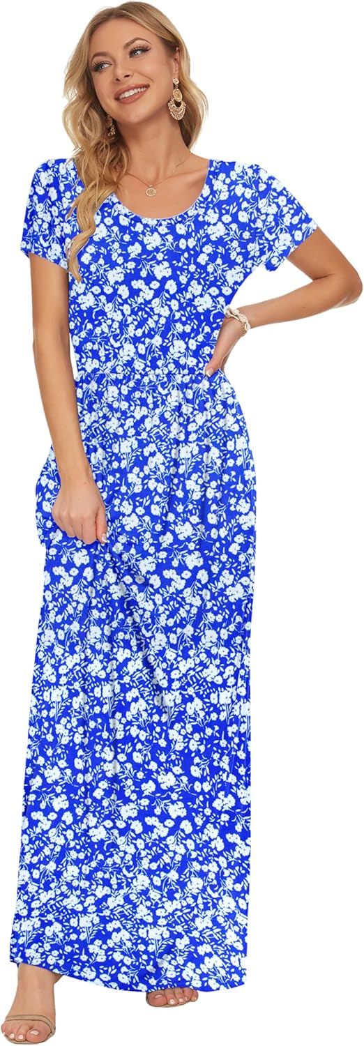 AUSELILY Damen Kurzarm Sommer Casual Long Maxi Kleider mit Taschen Blau-weisses Blümchenmuster XS, B