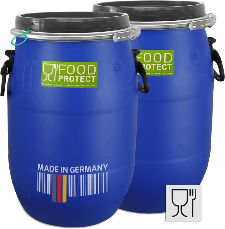 plasteo® 2 Stück 30 Liter Deckelfass lebensmittelecht FDA-Zulassung UN-Zulassung IKG Gütezeichen Kun