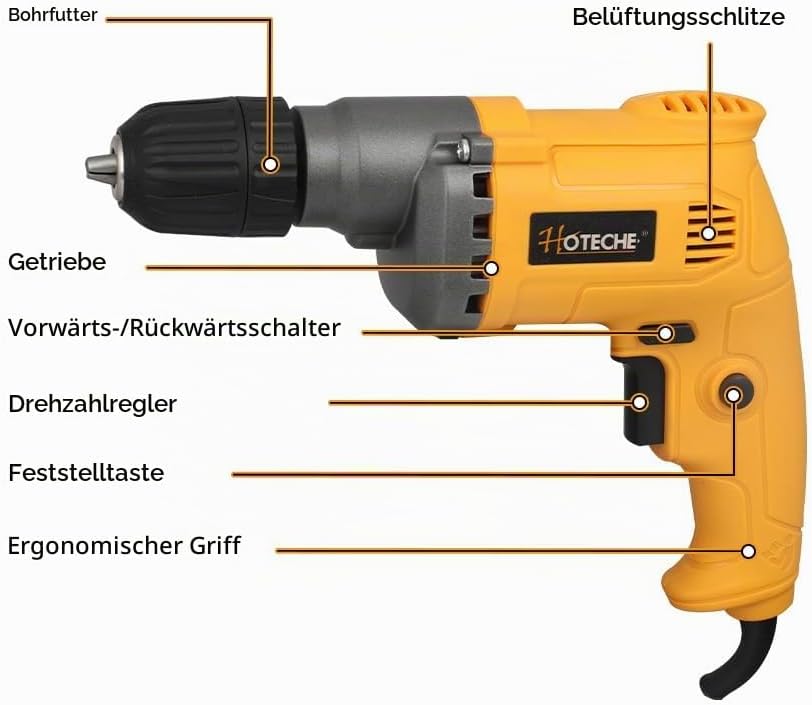 Hoteche 420W Elektrische Bohrmaschine, 0-4500 U/min, 10mm Metall/15mm Holz, 220-240V, 50/60Hz, mit K