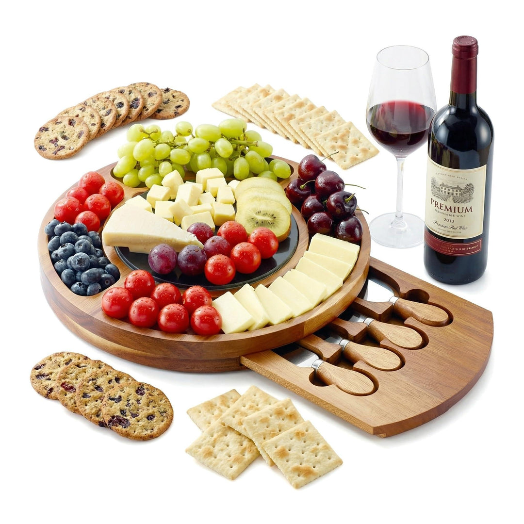 RAXCO Akazienholz Käsebrett Geschenkset mit Schieferplatte, 32 cm rundes Charcuterie-Brett mit verst