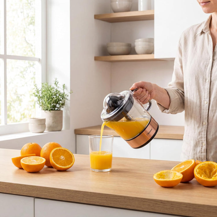 Bestron elektrische Zitrus- & Orangenpresse, inkl. 2 Presskegel und Aromadeckel, Motor mit zwei Dreh