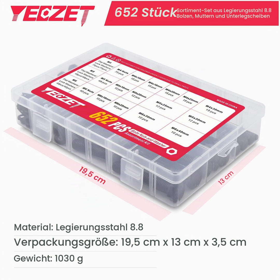 YEEZET 652 Pcs M4 M5 M6 Schrauben Sechskantschrauben Unterlegscheiben Federringe und Muttern Sortime