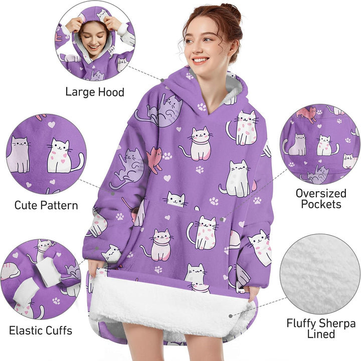 Hoodie Decke Oversize Katze Lila mit Ärmeln Kuscheldecke Deckenpullover für Damen Herren, Tragbare D