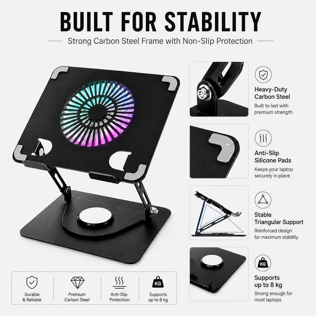 Aicharynic Laptop Ständer mit RGB Laptop Kühler, 360° Schwenkbar, 8KG Tragkraft, Belüfteter Notebook