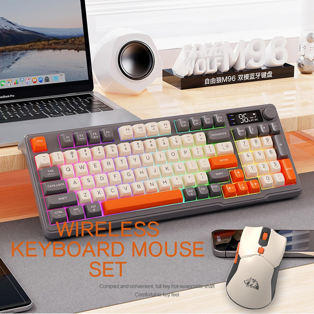 ZIYOU LANG×FREEWOLF T96 Kabelloses Gaming-Tastatur- und Maus-Set, BT/2,4 GHz, Smart Display und Knop