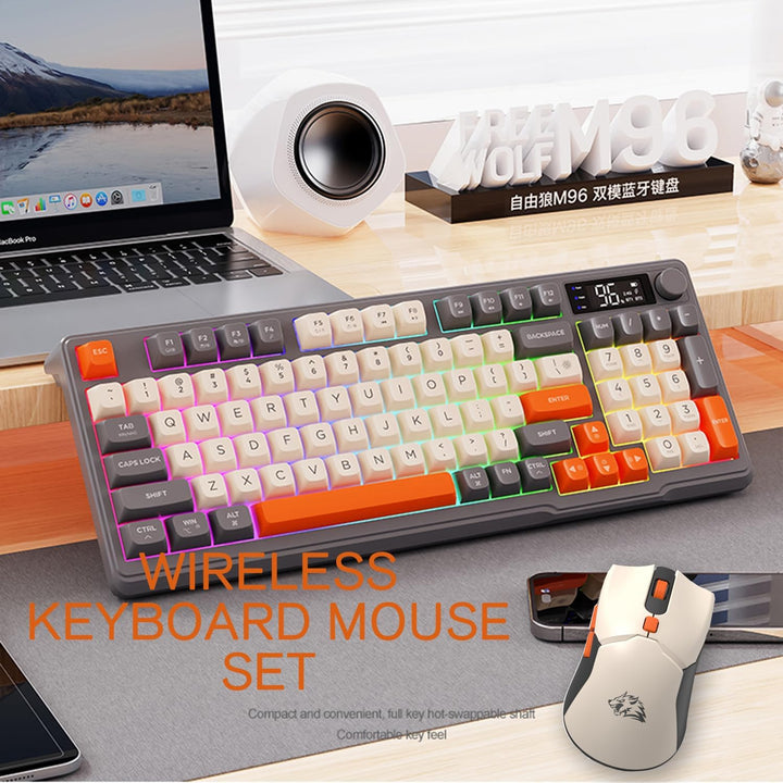ZIYOU LANG×FREEWOLF T96 Kabelloses Gaming-Tastatur- und Maus-Set, BT/2,4 GHz, Smart Display und Knop