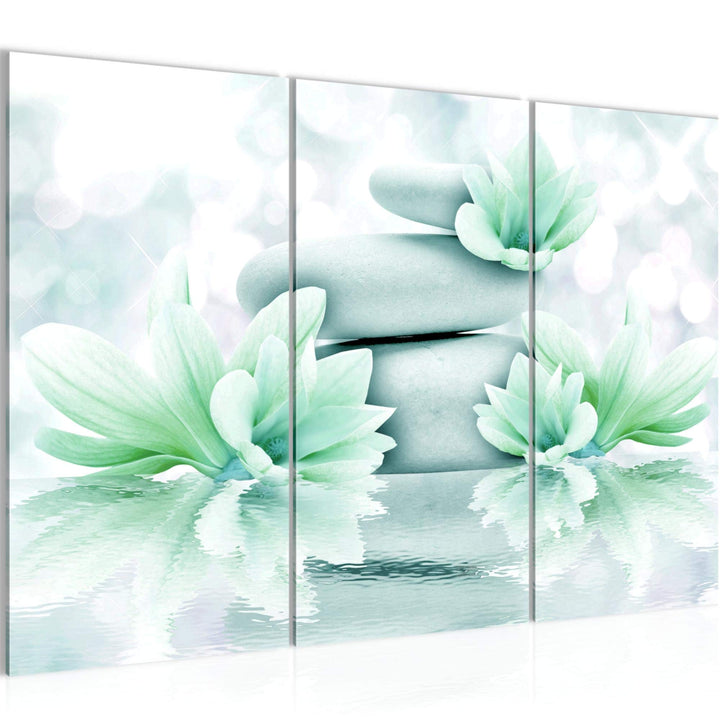 Runa Art Wandbilder Blumen Feng Shui Bild XXL Wohnzimmer Schlafzimmer Grün Wasser Steine 120 x 80 cm