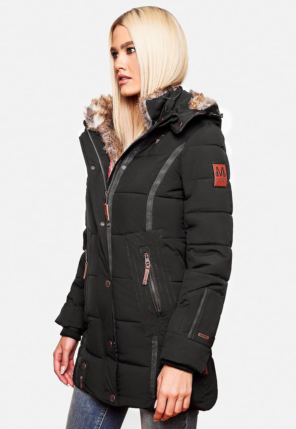 MARIKOO Damen Winterjacke warme Steppjacke mit Kunstfell Innenfutter Nekoo XS-3XL M Schwarz, M Schwa