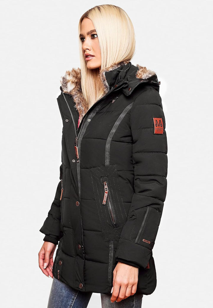 MARIKOO Damen Winterjacke warme Steppjacke mit Kunstfell Innenfutter Nekoo XS-3XL S Schwarz, S Schwa