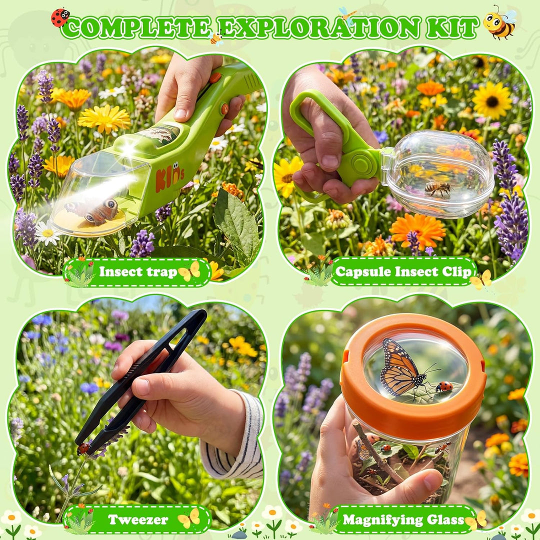 deAO Kinder Insektenfänger Set mit LED-Licht, Outdoor Abenteuerset mit Insektenhabitat Tunnel, Beche