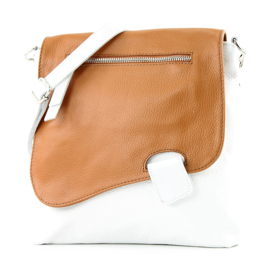 modamoda de - T146 - ital Messengertasche Umhängetasche aus Leder Weiss/Camel, Weiss/Camel