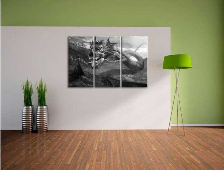 Pixxprint Drache kämpft gegen Krieger als Leinwandbild/Grösse: 3 Teilig (120x80 cm) cm/Wandbild/Kuns