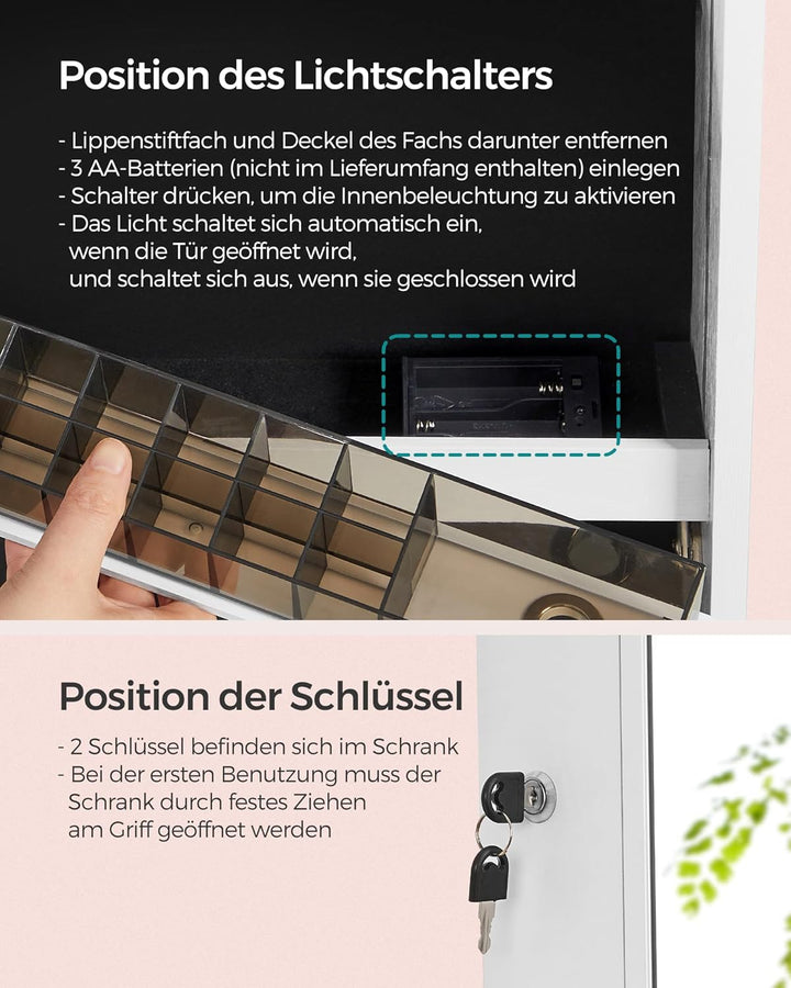SONGMICS Schmuckschrank, Spiegelschrank, mit rahmenlosem Ganzkörperspiegel, LED-Beleuchtung, Innensp