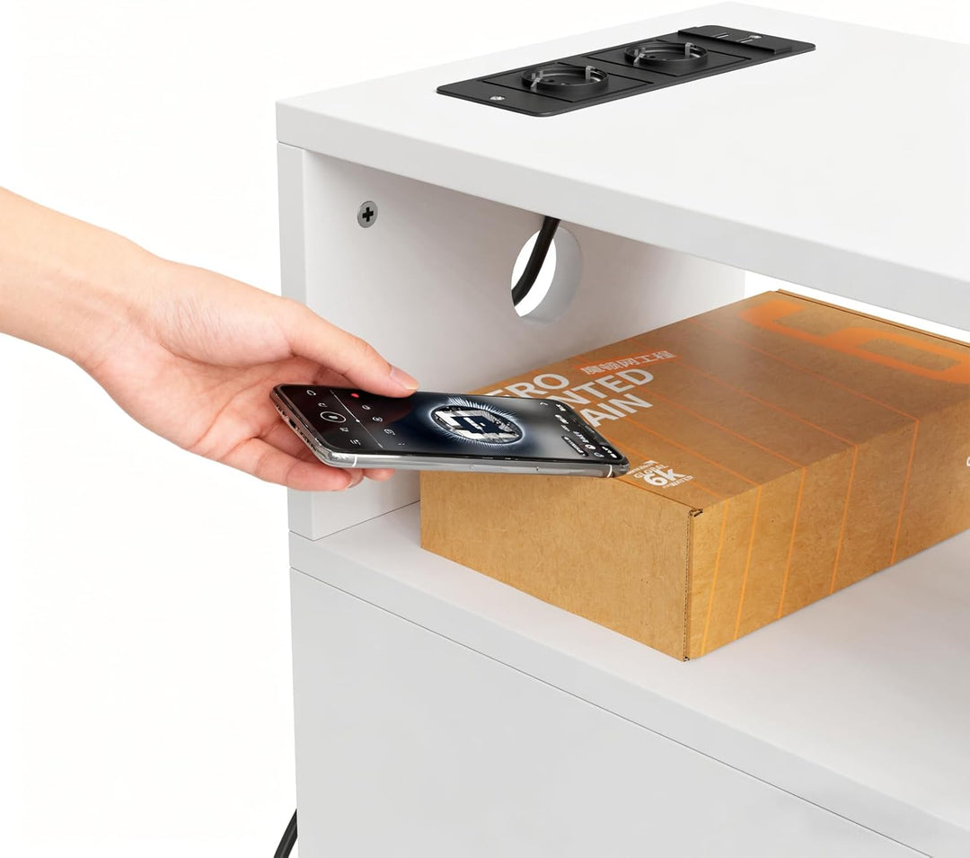 PIPIPOXER Nachttisch schmal, Nachttisch mit Steckdose & USB, Nachtschrank mit 3 Schublade, 1 Offenen