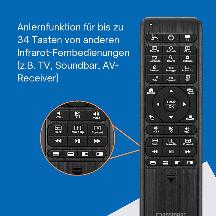 Orbsmart WA-1 kabellose Windows 10/11 Airmouse mit Deutscher Tastatur/inklusive Infrarot Anlernfunkt