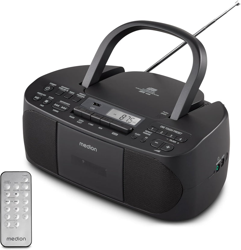 MEDION E65010 Stereoradio (CD-Player, Kassette, USB Anschluss, AUX Audioeingang, MP3-Widergabe. UKW