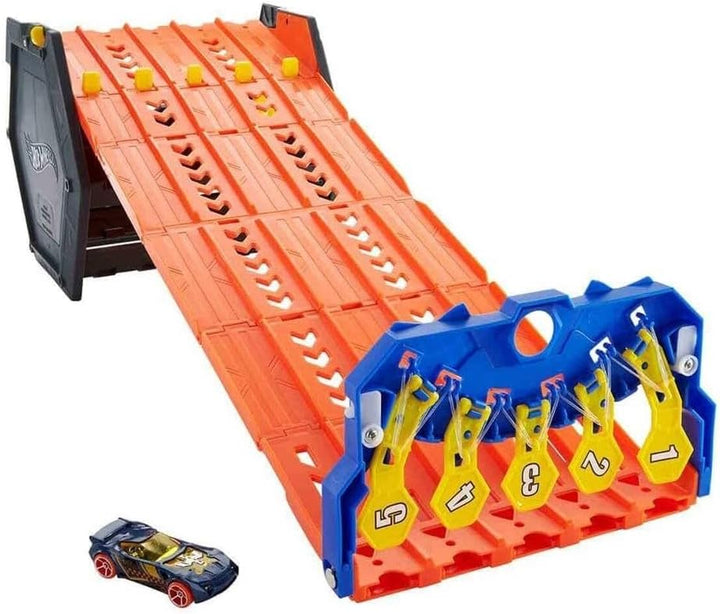 Hot Wheels GYX11 - Rollout Raceway Trackset, lässt sich zu einer fünfspurigen Rennstrecke ausrollen,