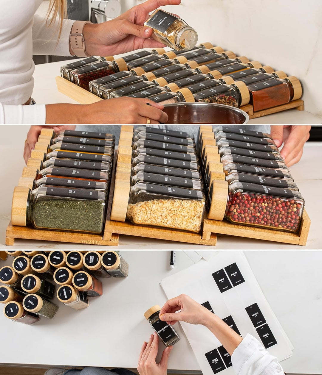 Deco haus® Gewürzregal Schublade [MIT 24 GEWÜRZGLÄSER & ETIKETTEN] - Gewürz Organizer Schublade - Ge