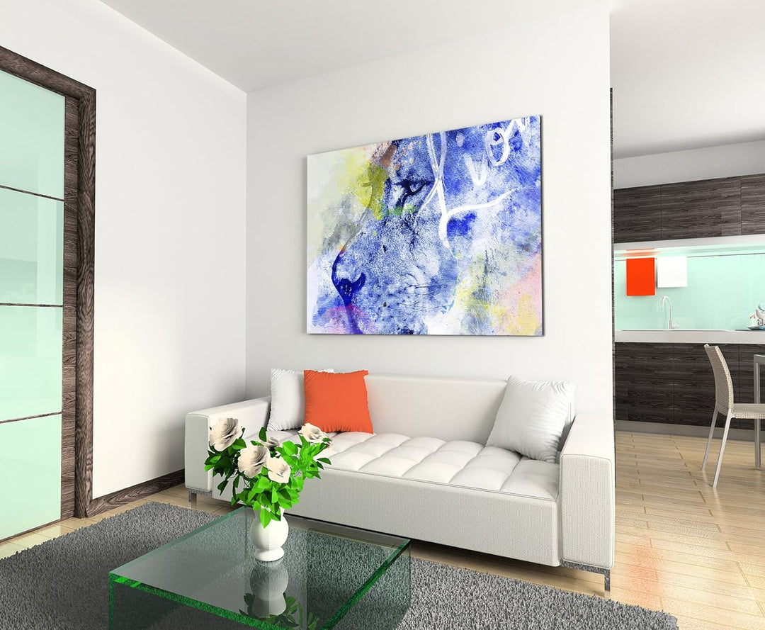 Paul Sinus Art Bild Leinwand 120x80cm Wilder Löwe in Blautönen mit Kalligraphie, 120x80cm