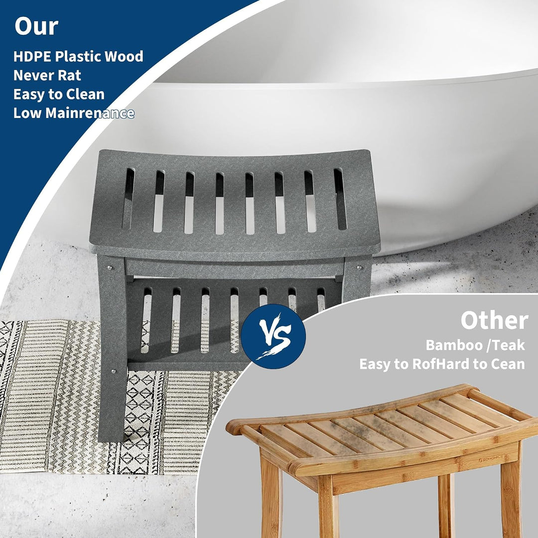 GarveeLife HDPE Duschbank mit Ablage Grau | Rutschfester Duschstuhl aus HDPE Belastbar bis 160kg Pfl