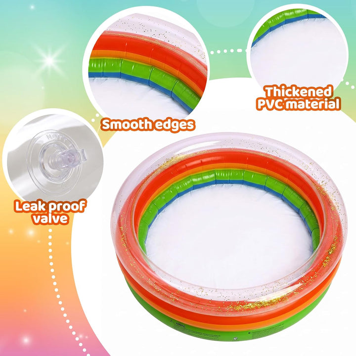 Aufblasbares Planschbecken Baby, 90x25 cm Kleiner Pool für Kinder mit Regenbogenmuster &amp; Glitzer – i