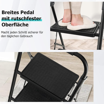 GYMAX Trittleiter 3 Stufen, klappbare Stufenleiter mit rutschfesten & Breiten Stufen, leichte Stehle