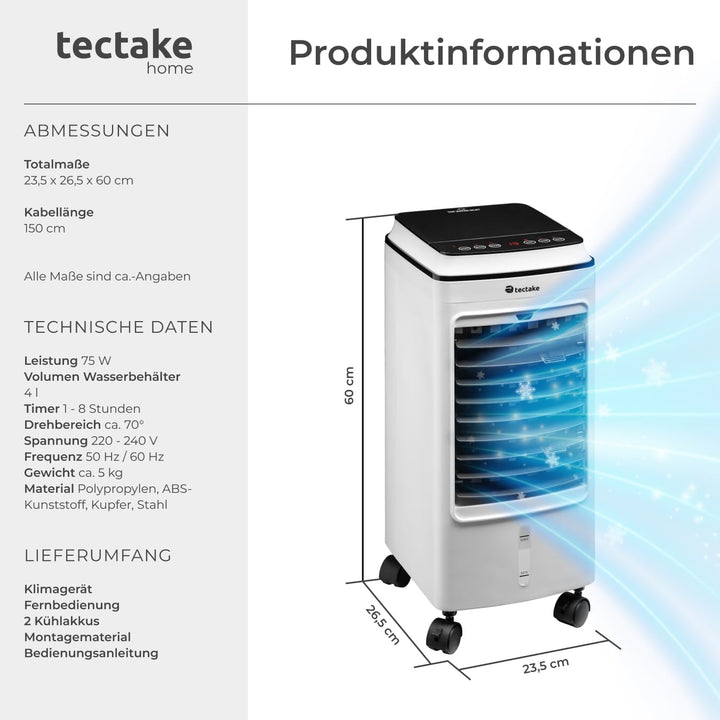 tectake® Mobiles Klimagerät 3in1, Ventilator, Air Conditioner ohne Abluftschlauch, mobiler Luftkühle