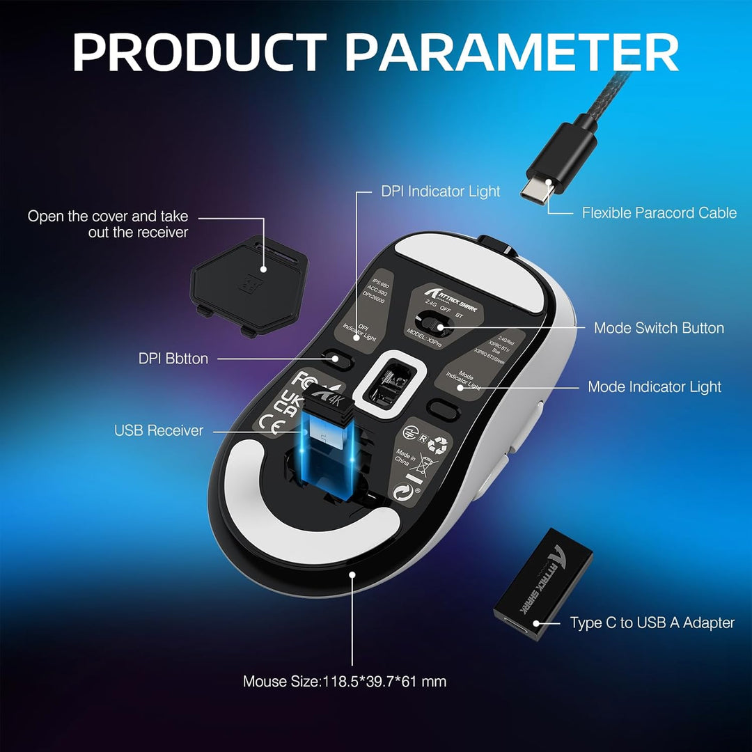 VGN Game Power Attack Shark X3PRO 59g Superlight Kabellose Gaming-Maus Esports, 4K/8KHz Abfragerate,