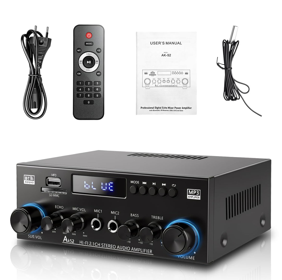 2.1-Kanal Bluetooth 5.3 HiFi-Verstärker mit Subwoofer – 1000W Peak | (50W+50W RMS) SD/USB/FM Radio |