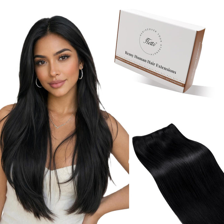Hetto Extensions Tressen Echthaar Sew in Echthaar Tressen Extensions 40cm Schwarz Tressen Extensions