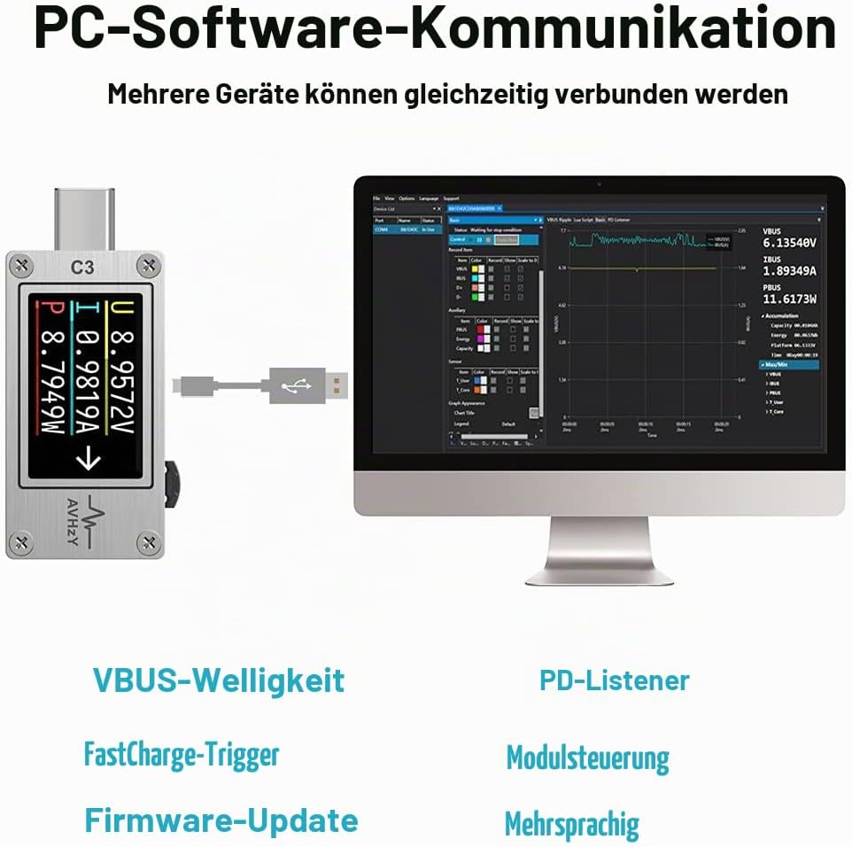 USB Power Meter USB 3.1 Typ-C Tester Digital Multimeter Stromtester Spannungsdetektor DC 26V 6A PD 2