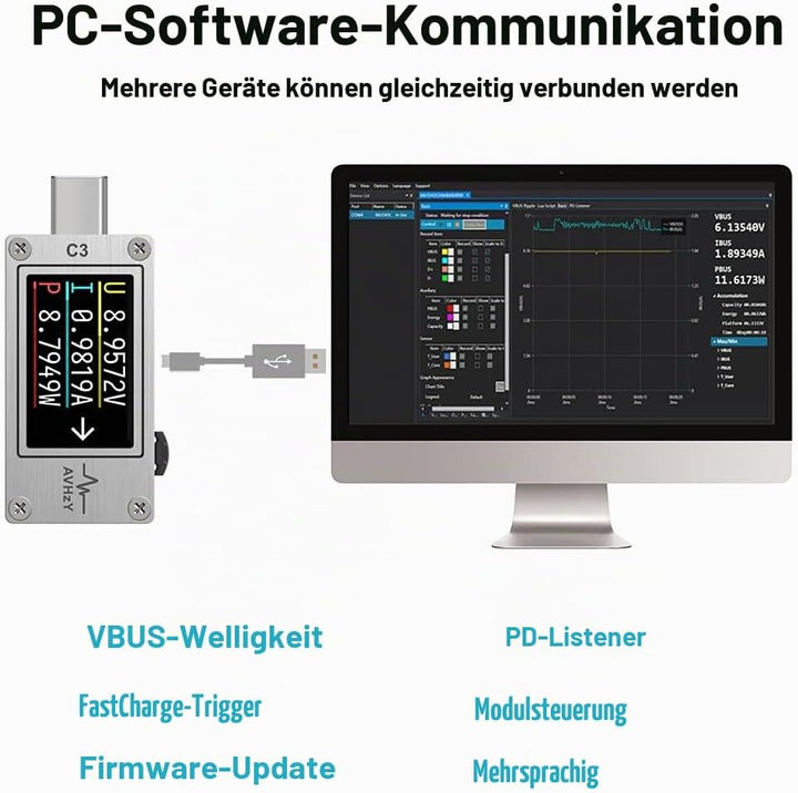 USB Power Meter USB 3.1 Typ-C Tester Digital Multimeter Stromtester Spannungsdetektor DC 26V 6A PD 2