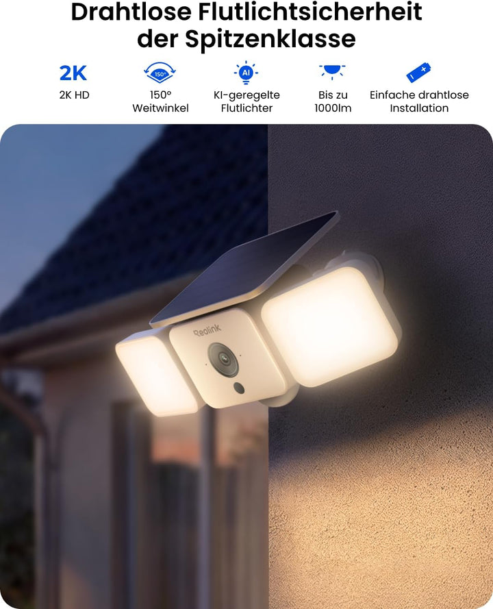 Reolink 2K Überwachungskamera Aussen Solar Akku, 150°Ansicht, bis zu 1000 lm Licht & Sirenenalarm, K