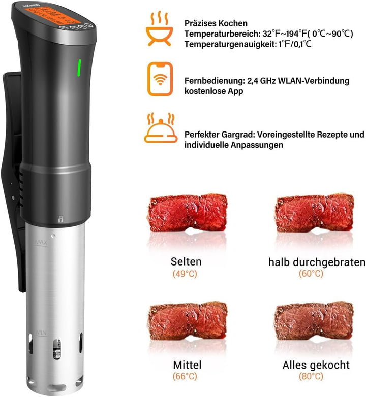 Inkbird Sous Vide Stick 1000 Watt,ISV-200W Sous Vide Garer App-Steuerung,360° Zirkulation,0℃-90℃ Tem