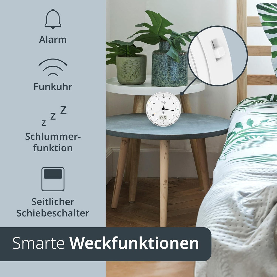 ADE Funk wecker analog ohne Ticken | Uhr mit Temperaturanzeige und Kalender | lautloser analoger Wec