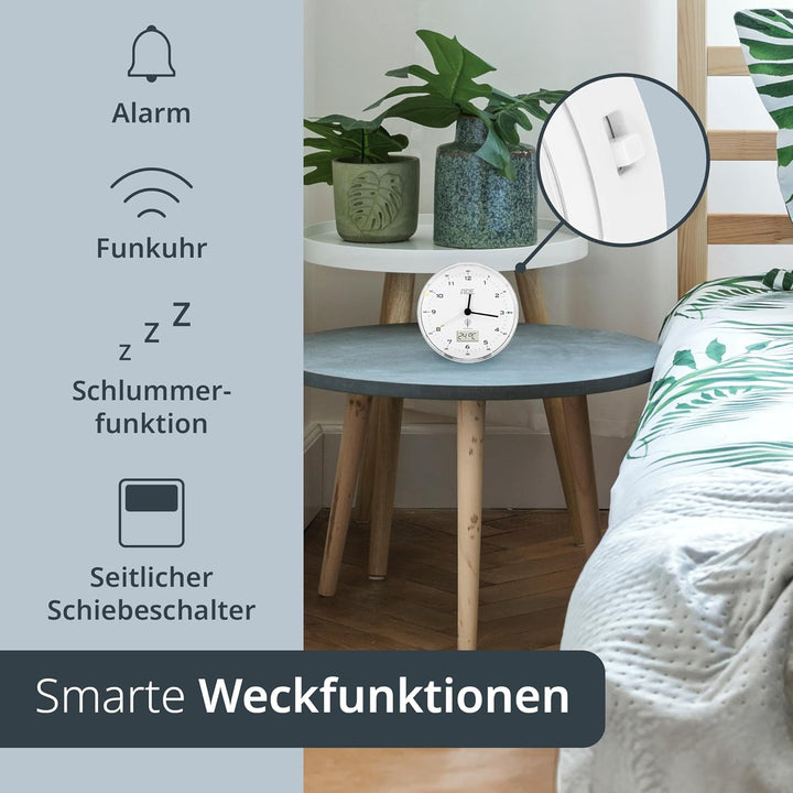 ADE Funk wecker analog ohne Ticken | Uhr mit Temperaturanzeige und Kalender | lautloser analoger Wec