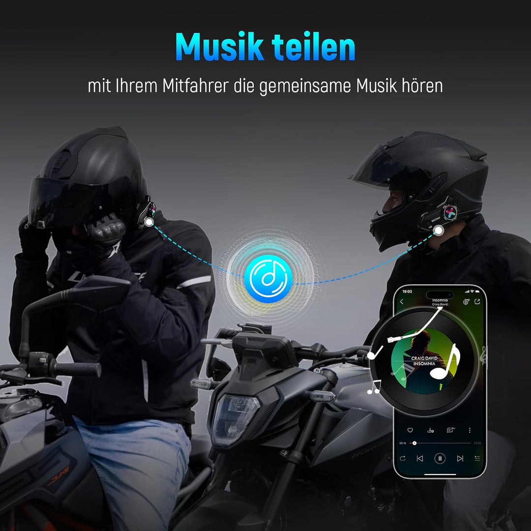 L2 Intercom Motorrad, 2-Wege-Kommunikationssytem mit Audio Multitasking | Helm Headset, Gleichzeitig