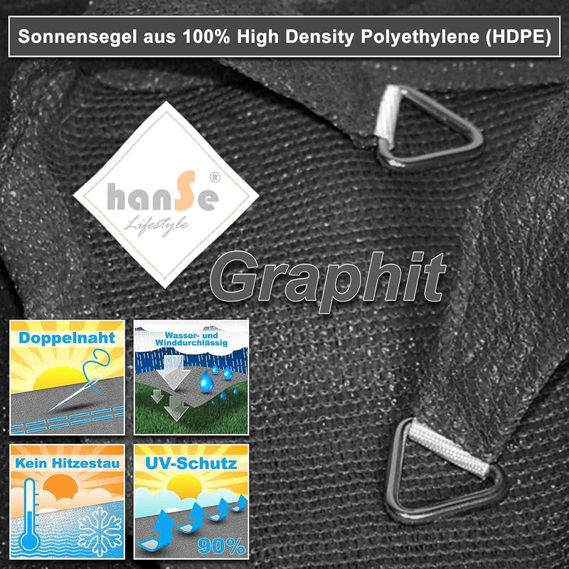 hanSe Sonnensegel rechteckig, Segeltuch Rechteck, 2,5x4m in Graphit, aus HDPE Gewebe, wetterbeständi