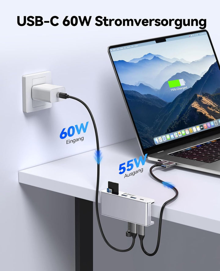 ORICO USB Hub 3.2 Schreibtisch, 10Gbit/s Aluminum USB-Hub Klemme und USB-C PD 60W, 6 Ports USB Verte