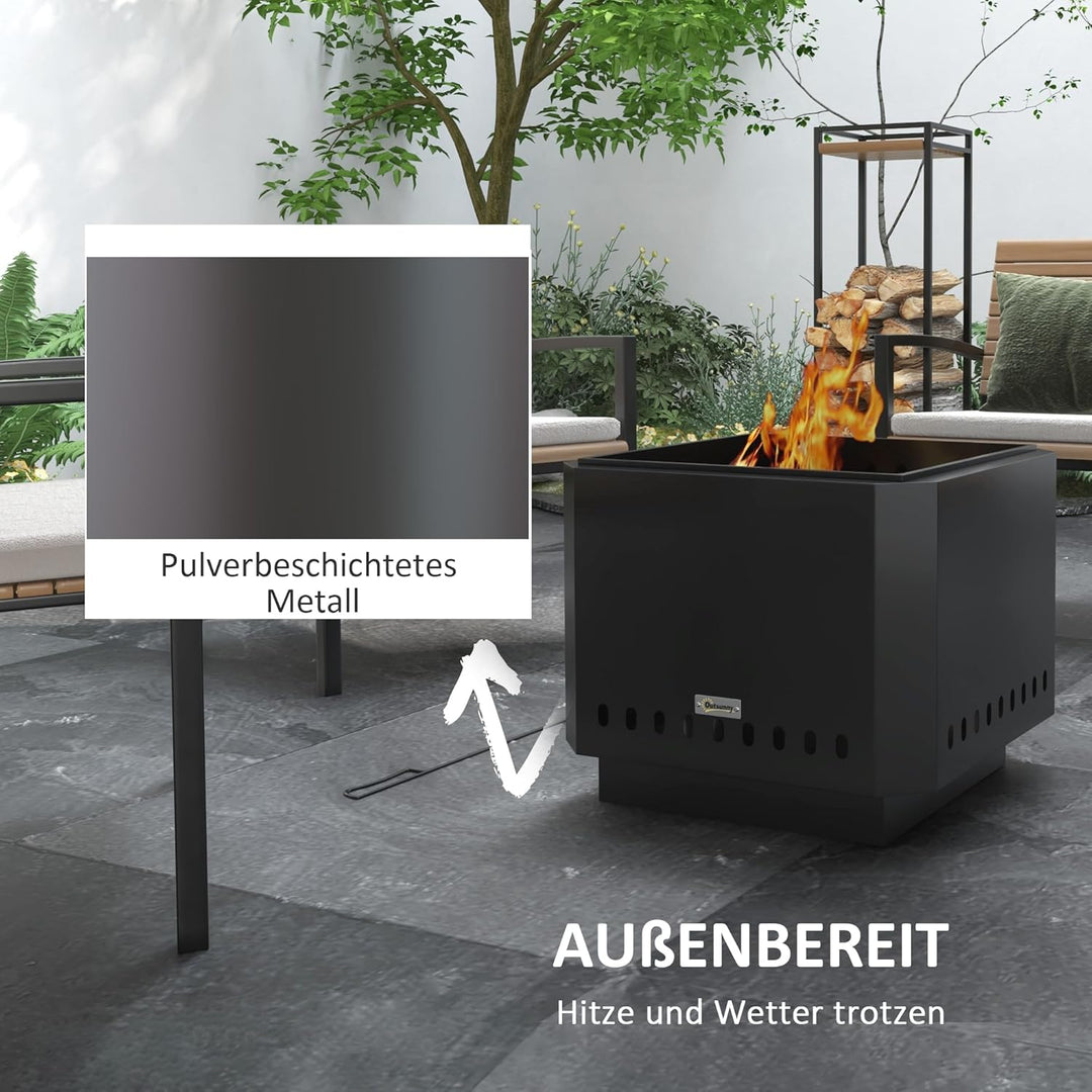 Outsunny Feuerschale, quadratischer Feuerstelle, rauchfreier Feuerkorb mit Schürhaken, Tischfeuer fü