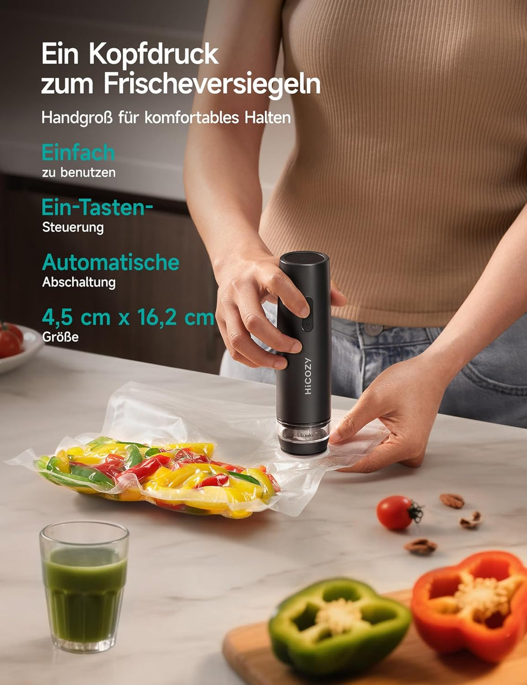 HiCOZY vakuumiergerät für Lebensmittel, Vakuumierer mit sichtbarem Wassertank, Kompaktes Hand-Vakuum