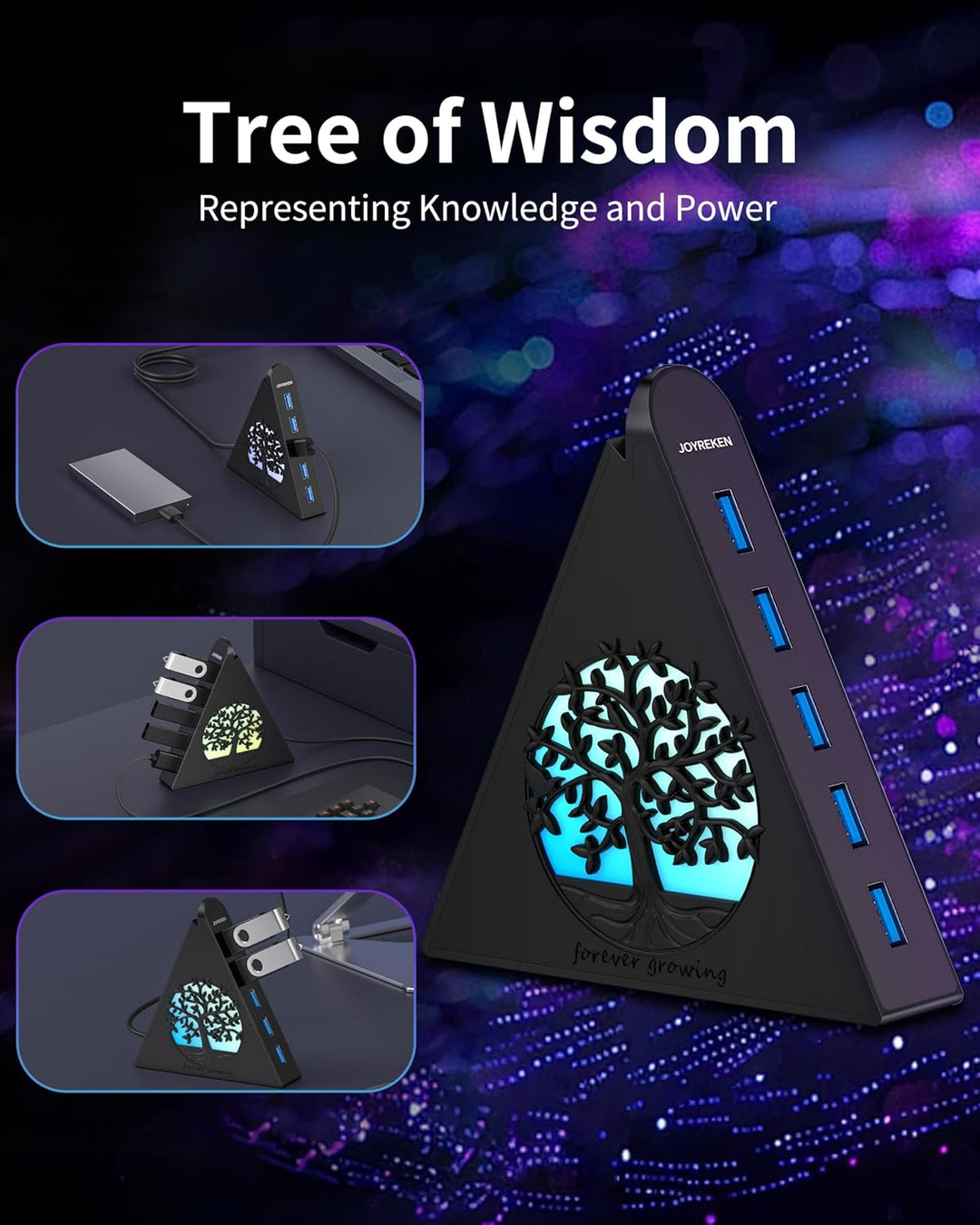 7-Port USB 3.0 Tree Hub, vertikaler USB-Hub-Splitter mit RGB-Baumbeleuchtung, 5 Gbit/s High-Speed-Da