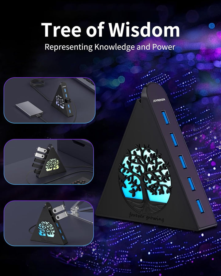 7-Port USB 3.0 Tree Hub, vertikaler USB-Hub-Splitter mit RGB-Baumbeleuchtung, 5 Gbit/s High-Speed-Da