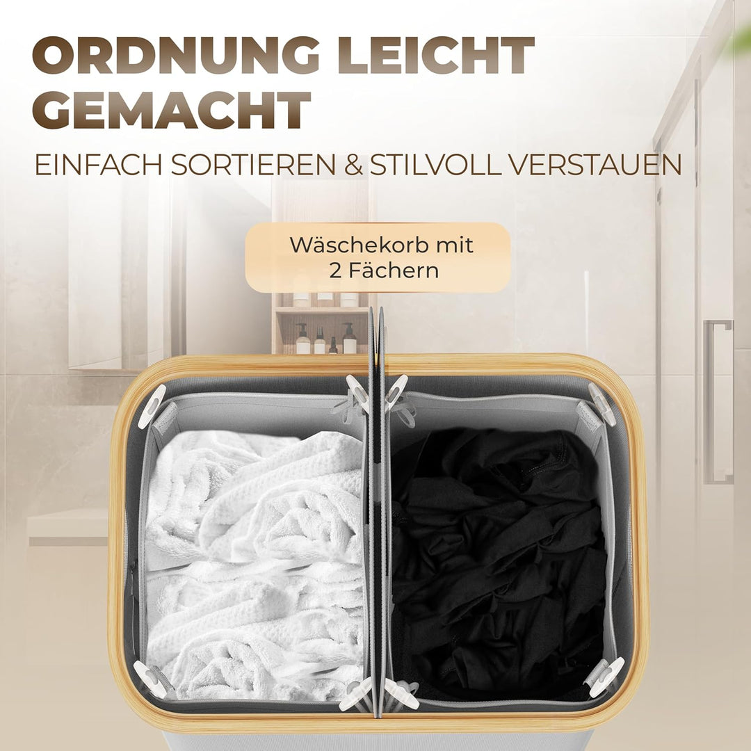 Wäschekorb 2 Fächer mit Deckel 150 Liter Bambus-Stoff Hell Grau Gross - Wäschesortierer Wäschetonne