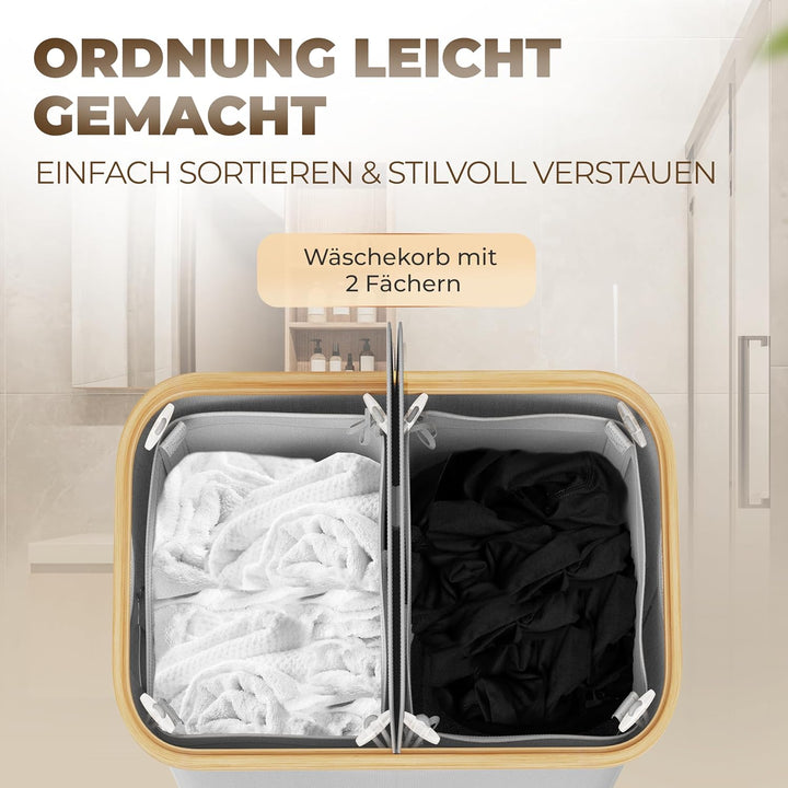 Wäschekorb 2 Fächer mit Deckel 150 Liter Bambus-Stoff Hell Grau Gross - Wäschesortierer Wäschetonne