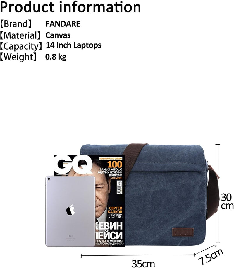 FANDARE New Umhängetasche Herren 9.7-Zoll-Laptop Studenten Reisen Postbote Crossbody Bag Grosse Kapa